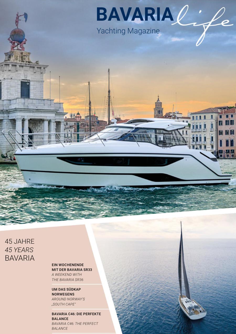 Cover of Issue 11 of the BAVARIA magazine showing sailing and motor yachts.