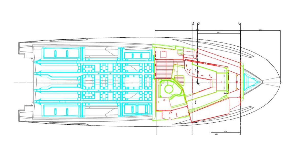 Extremely detailed floor plan of the VIDA 33 with numerous coloured guide lines.