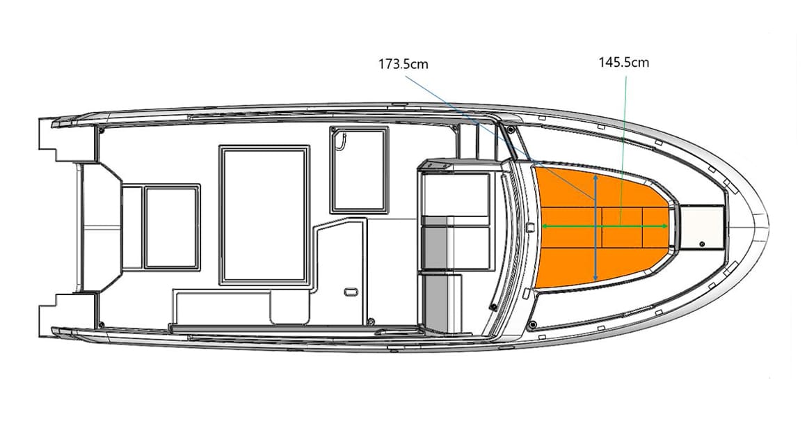 Floor plan of the VIDA 33 with dimensions for outside area.