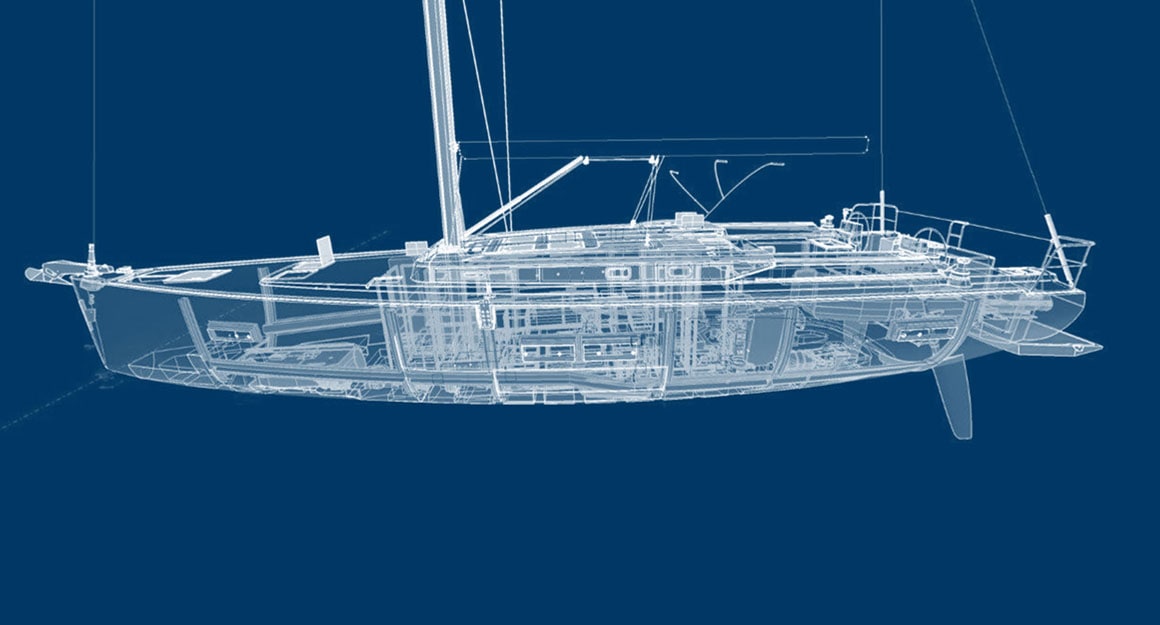 White horizontal image of a sailing yacht on a blue background.