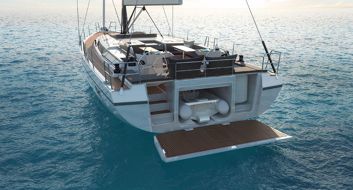 Rear view of a sailing yacht on the calm water with the sun shining on it.